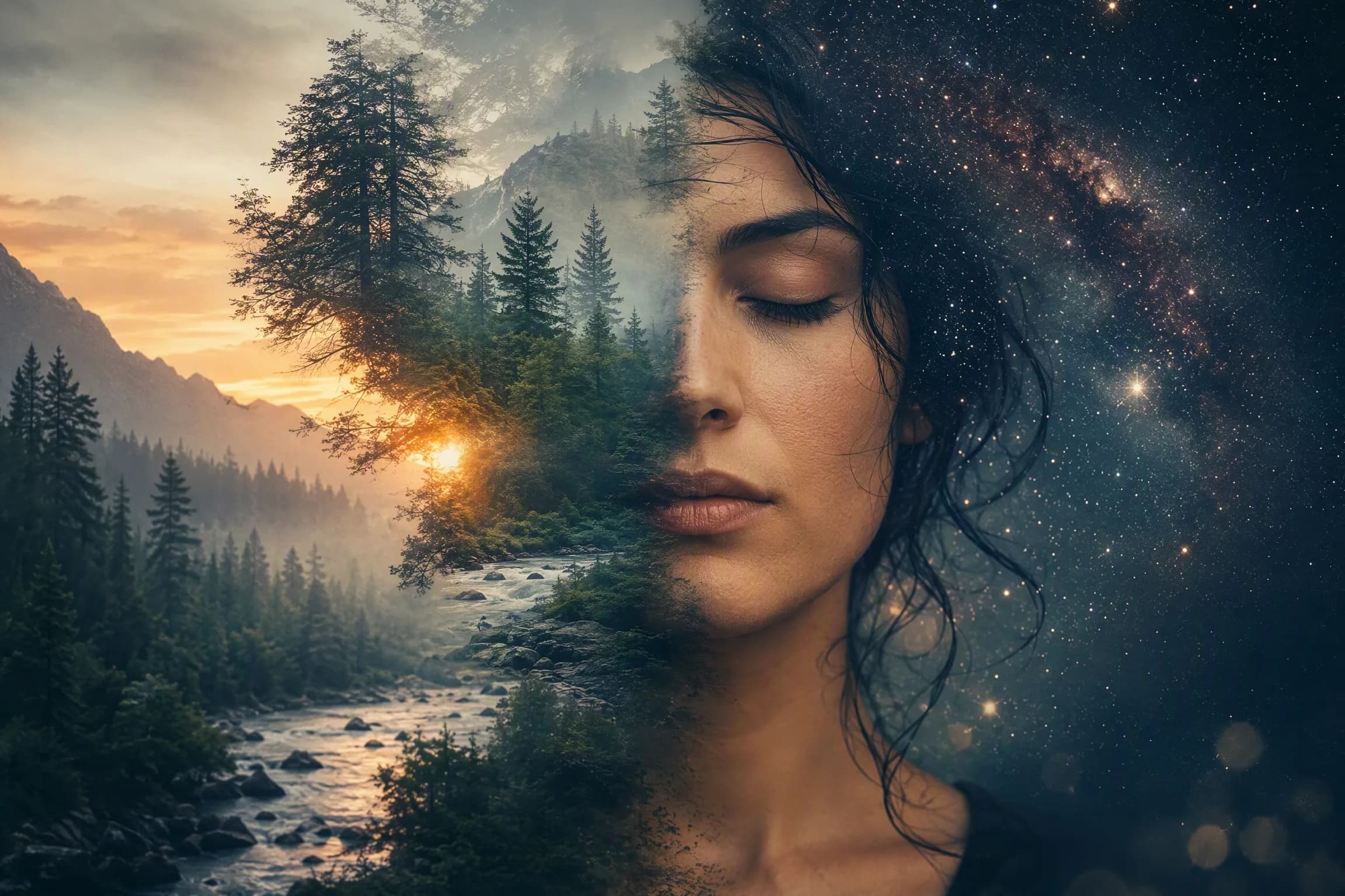 Before and after comparison of artistic double exposure portrait blending silhouette with forest and galaxy - after