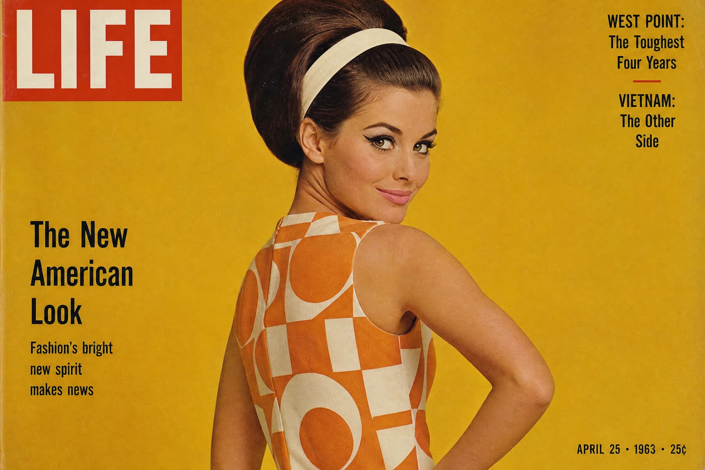Before and after comparison of retro 1960s magazine cover style fashion portrait - after