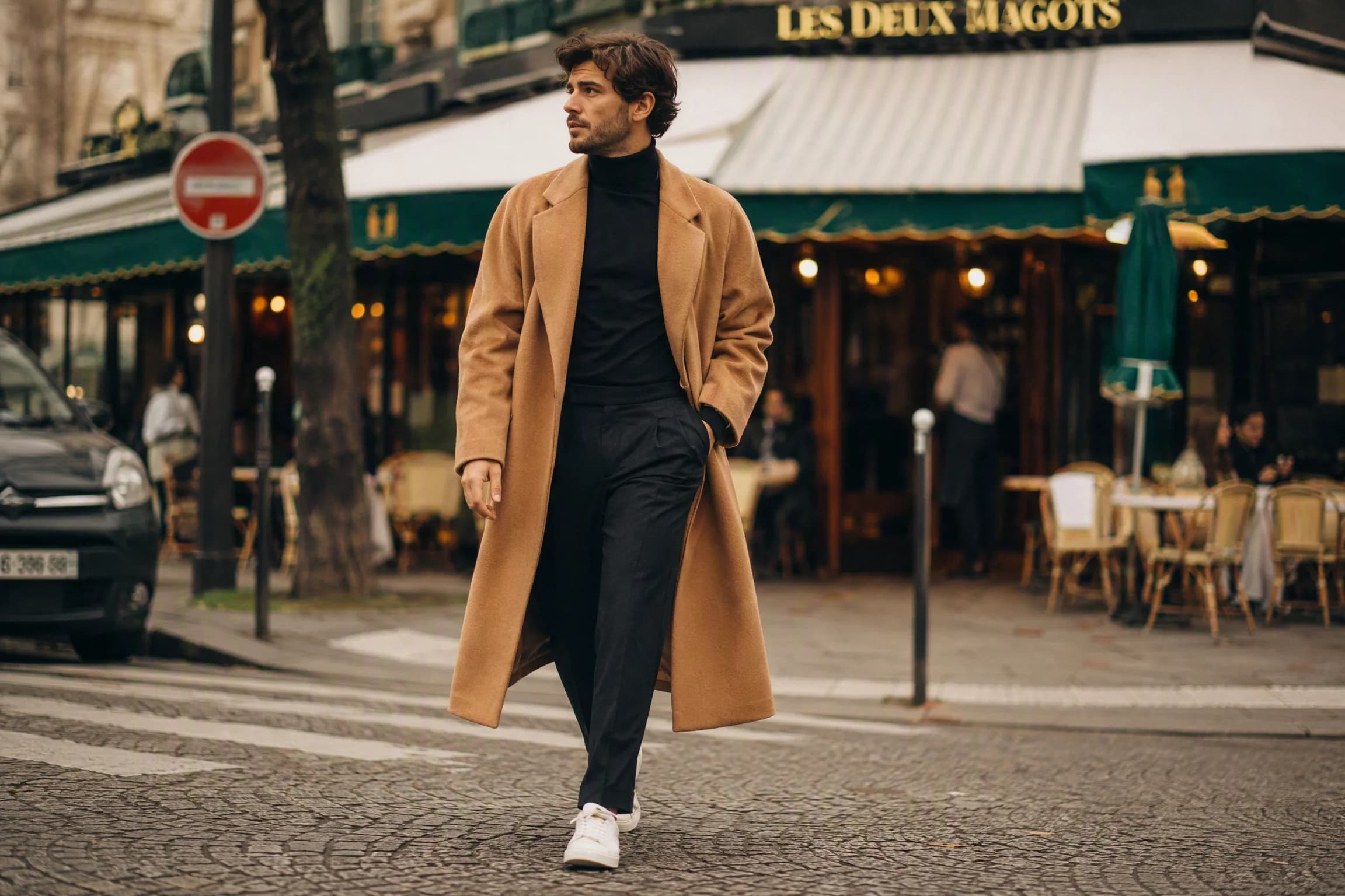 Before and after comparison of street style editorial fashion portrait on cobblestone street - after