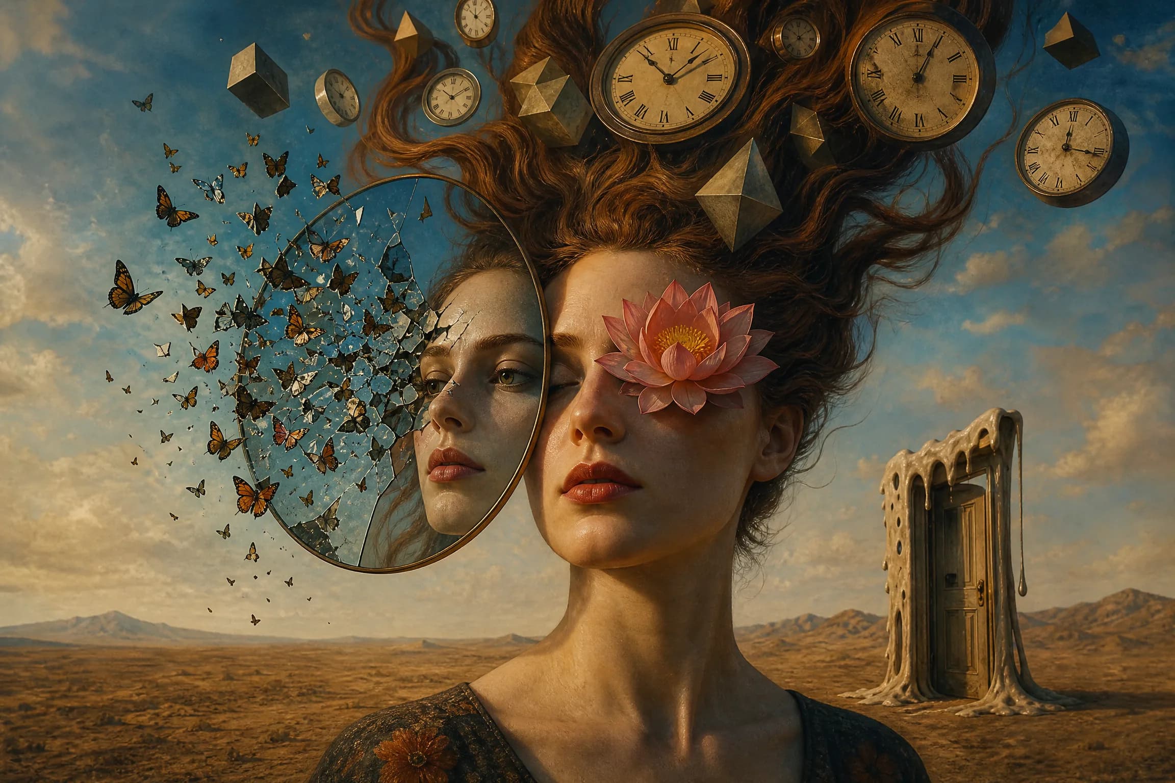 Before and after comparison of surrealist art portrait with floating mirror, butterflies, and melting elements - after