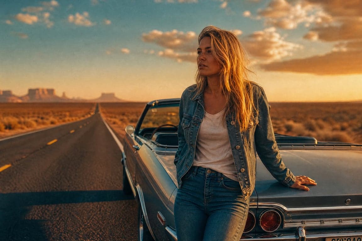 Before and after comparison of AI-generated desert highway golden hour portrait transformation