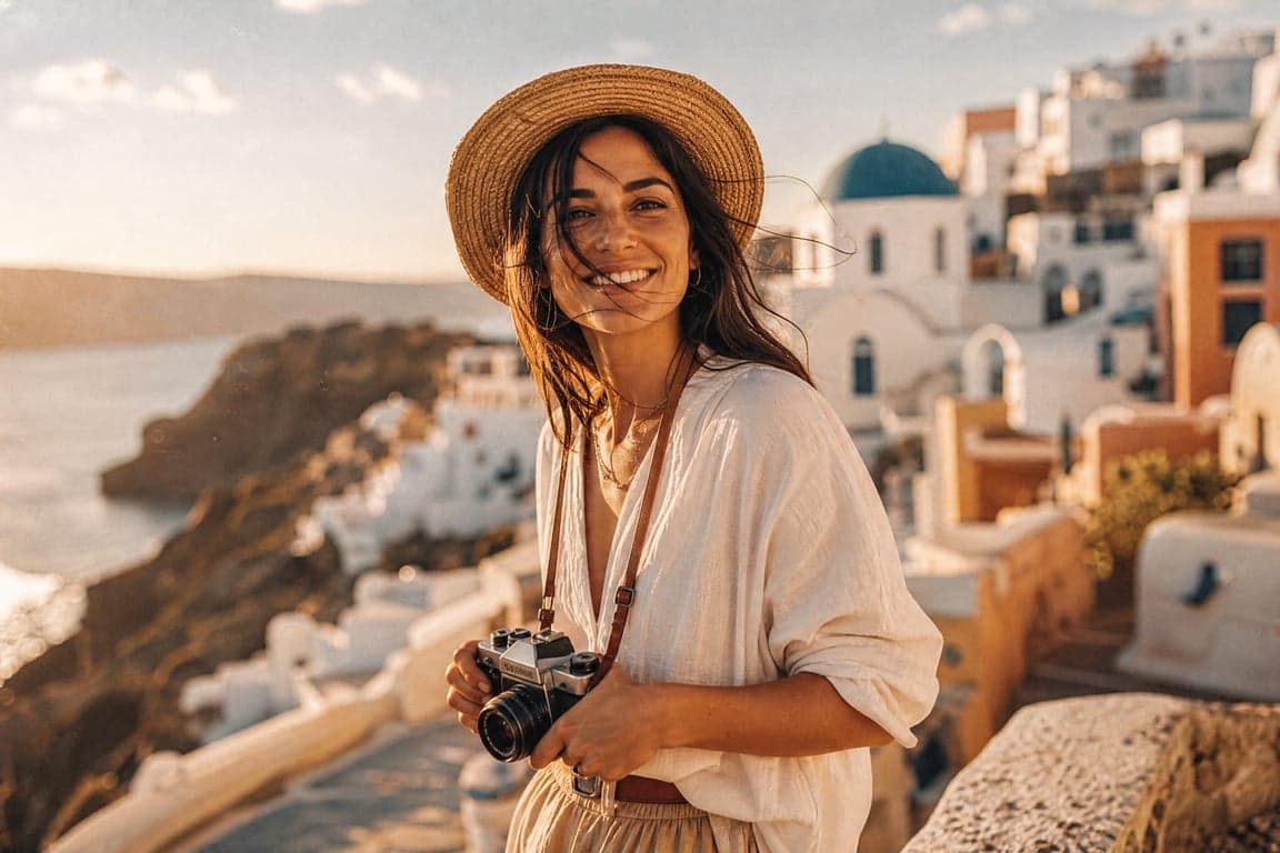 Before and after comparison of AI-generated travel blogger portrait transformation - after