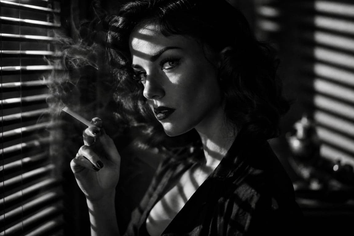 Before and after comparison of black and white film noir portrait with Venetian blind shadows