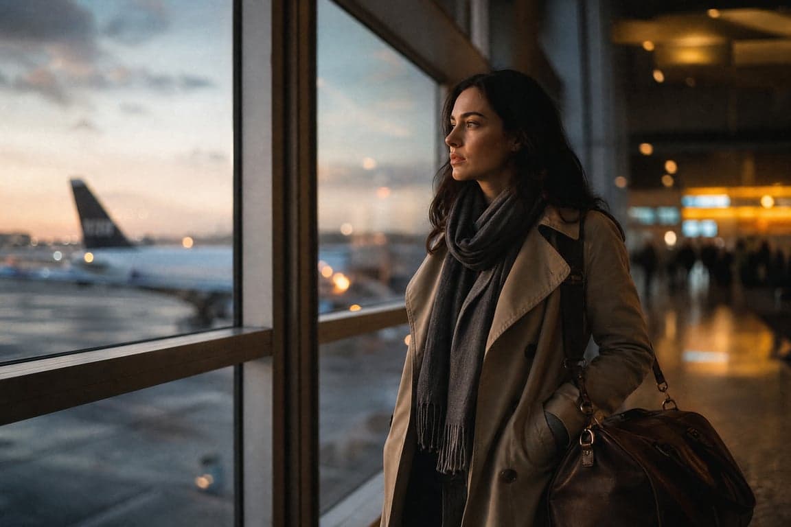 Before and after comparison of AI-generated airport departure cinematic portrait transformation