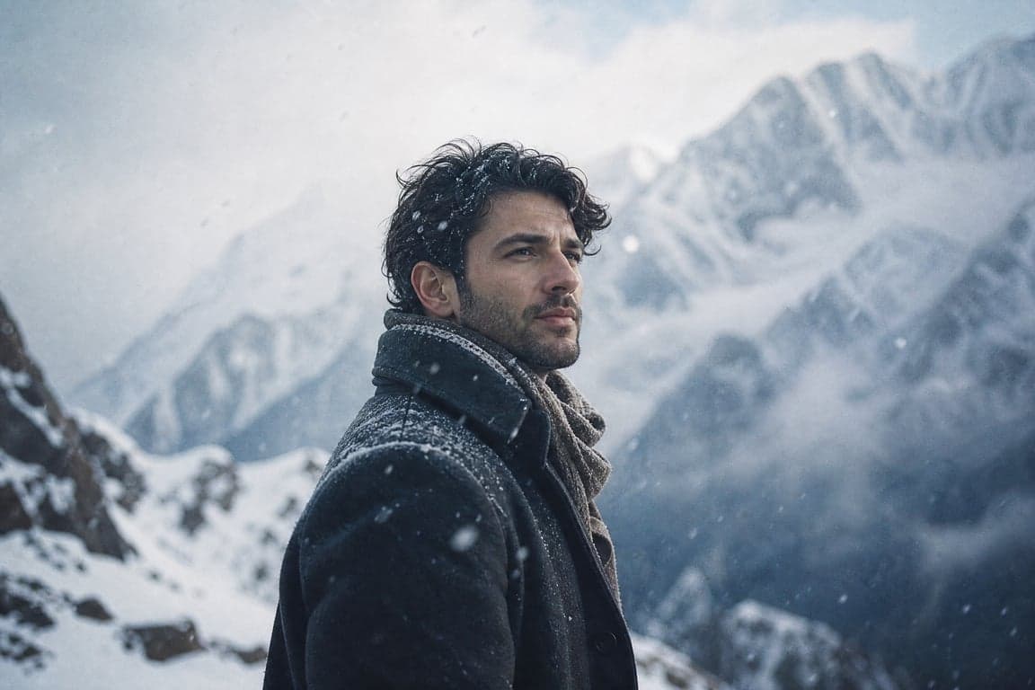 Before and after comparison of AI-generated snowy mountain cinematic portrait transformation