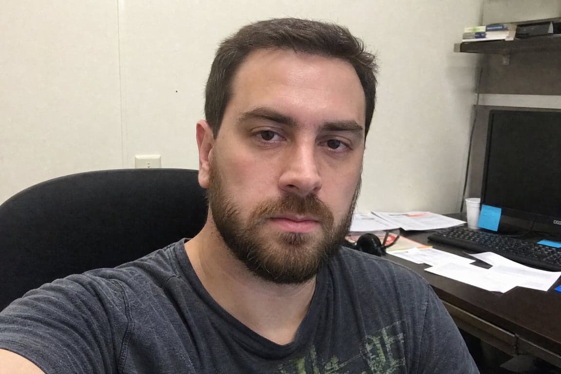 Before and after comparison of AI-generated podcast host studio portrait transformation - before