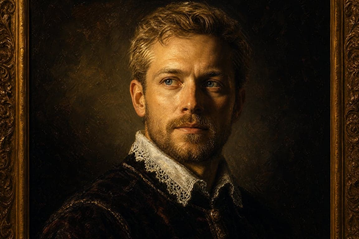 Before and after comparison of classical oil painting style portrait transformation preserving identity
