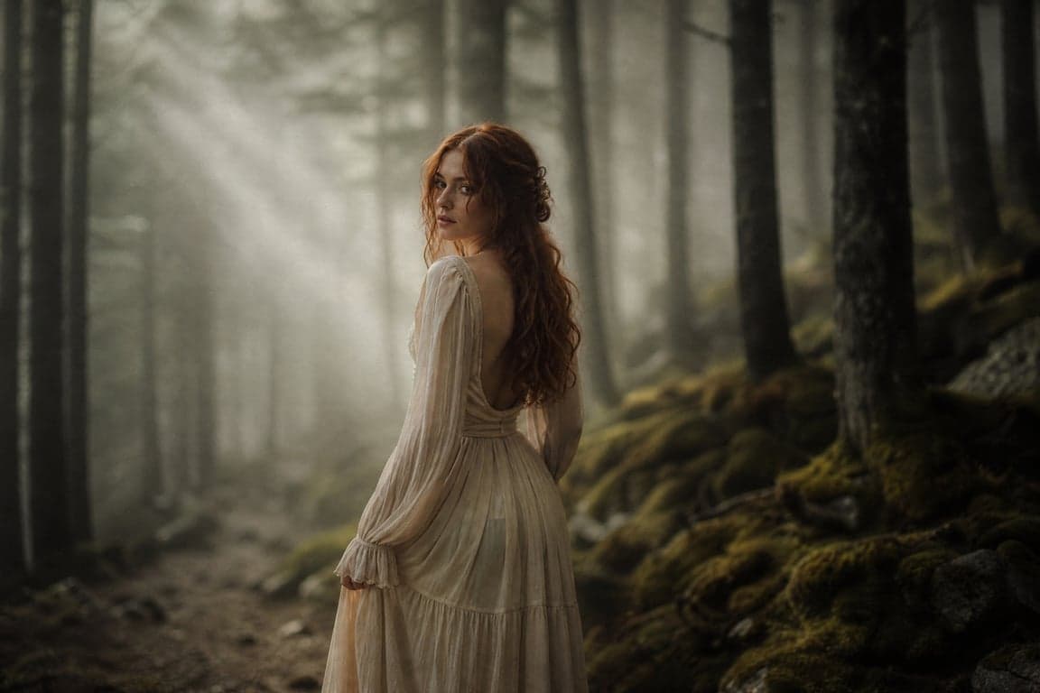 Before and after comparison of AI-generated misty forest cinematic portrait transformation - after