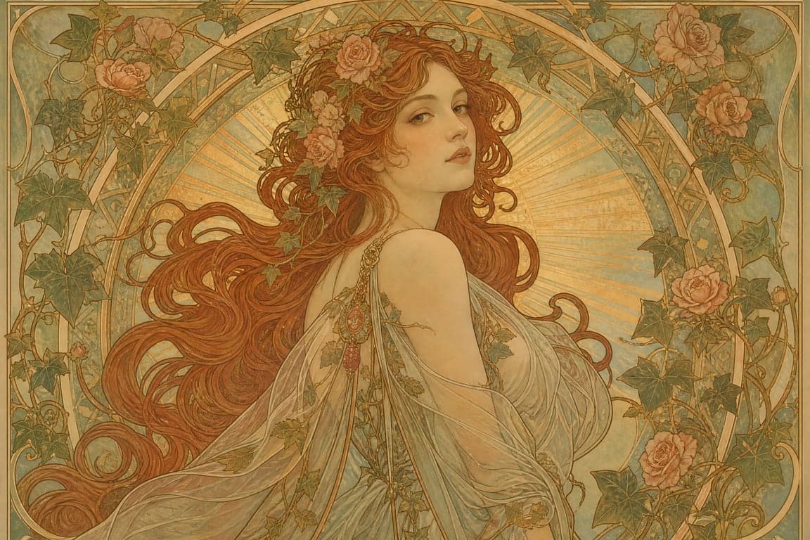 Before and after comparison of AI-generated Art Nouveau portrait transformation