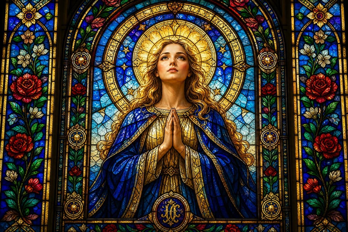 Before and after comparison of AI-generated stained glass window portrait transformation - after