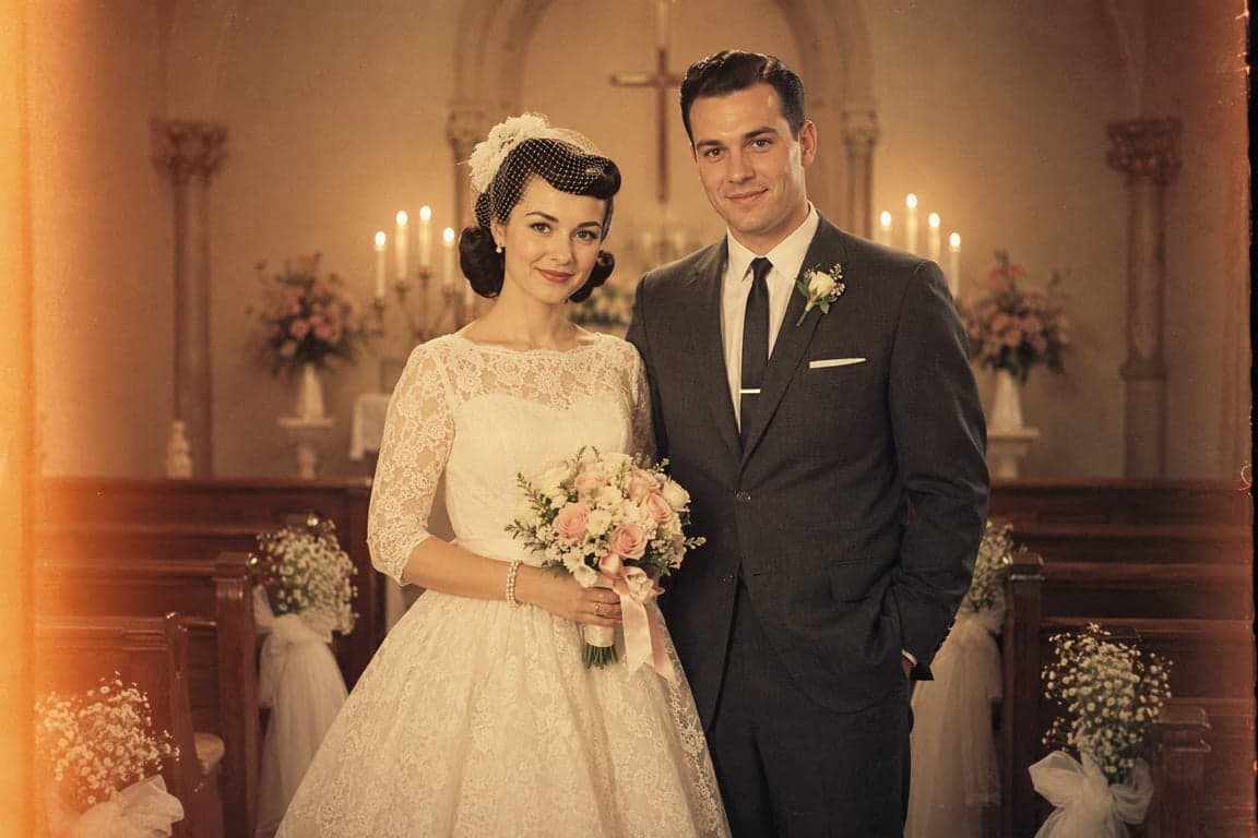 Before and after comparison of AI-generated vintage 1950s wedding portrait transformation