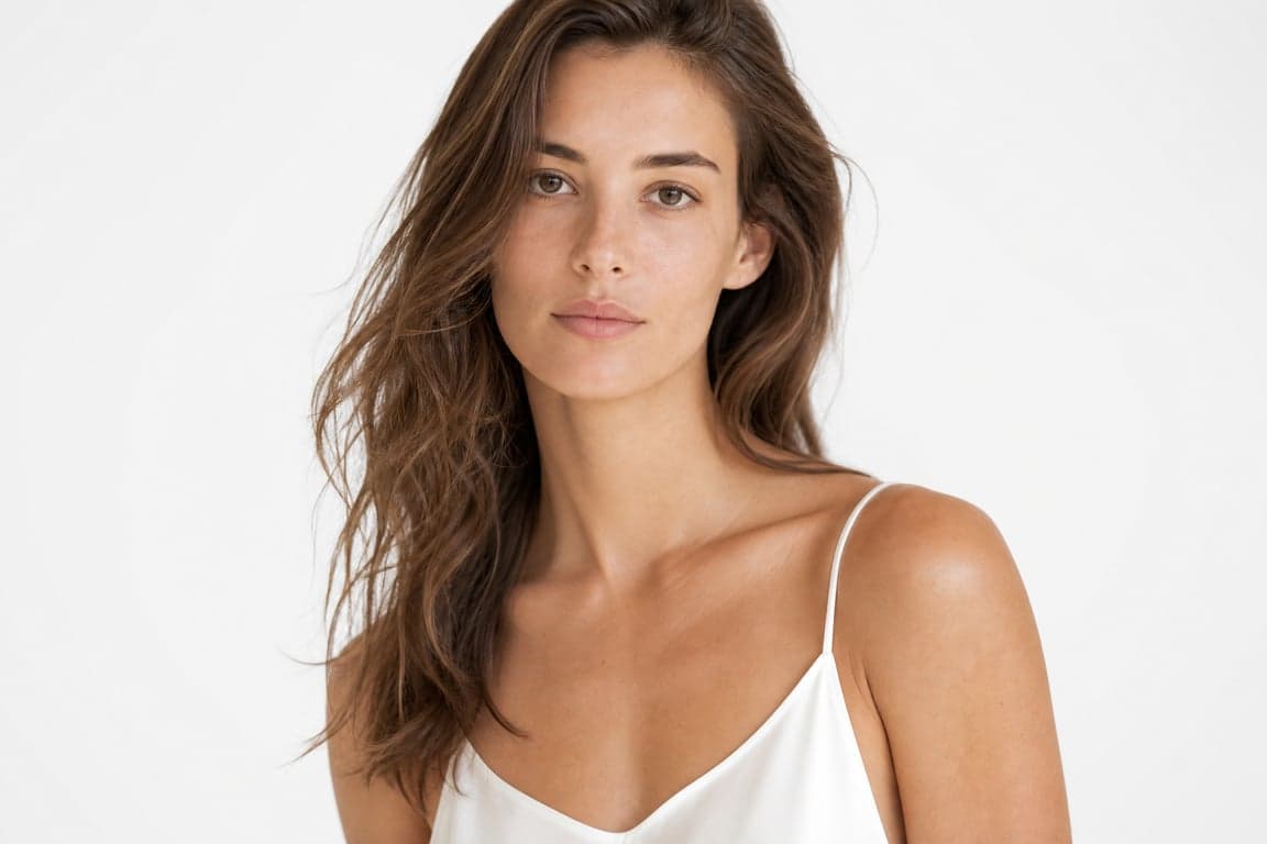 Before and after comparison of minimalist fashion editorial portrait with clean beauty dish lighting