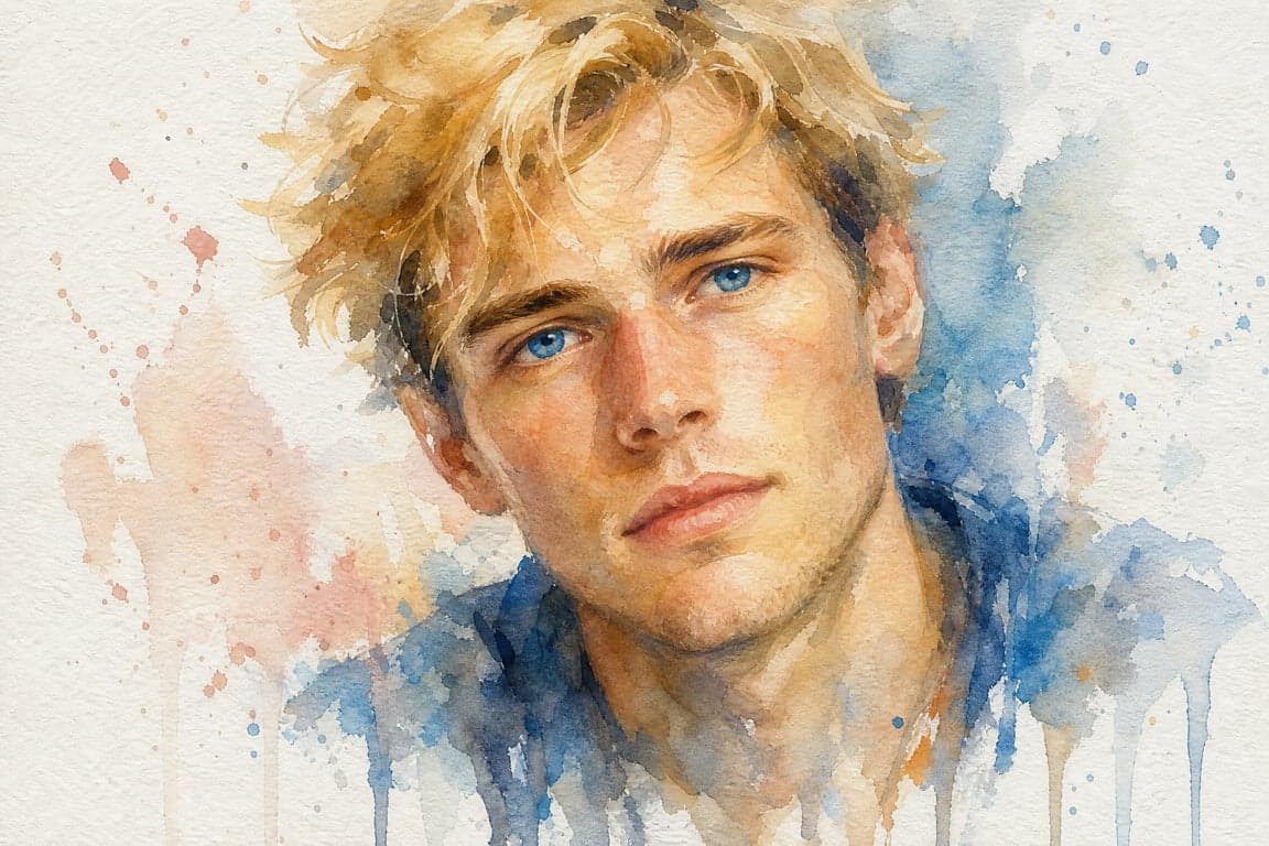 Before and after comparison of watercolor painting style portrait with bleeding pigments and paper texture