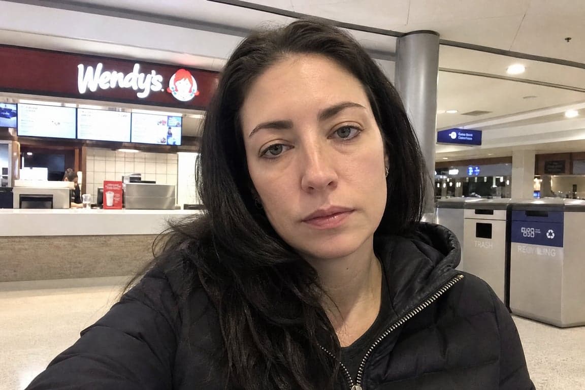 Before and after comparison of AI-generated airport departure cinematic portrait transformation - before