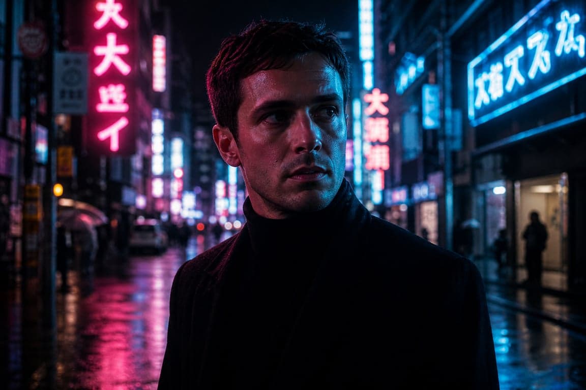 Before and after comparison of AI-generated neon city night portrait with cyberpunk aesthetic