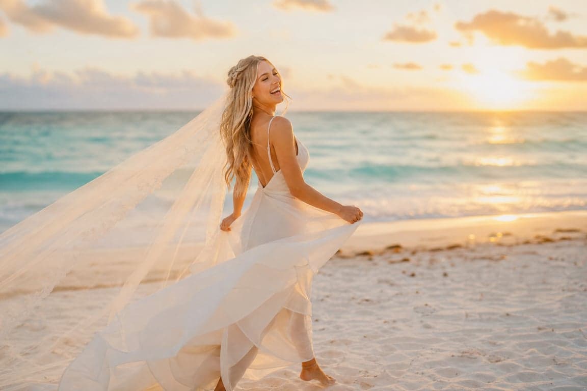 Before and after comparison of AI-generated beach destination wedding portrait transformation