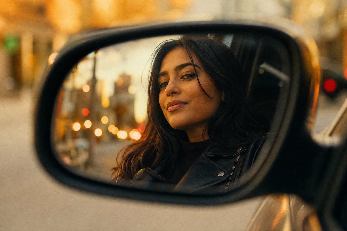 Before and after comparison of AI-generated car mirror selfie portrait using cinematic prompt