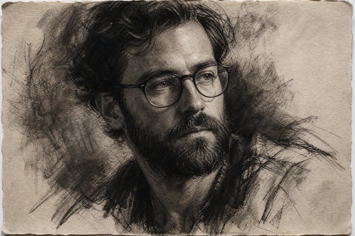 Before and after comparison of charcoal sketch portrait with dramatic chiaroscuro and visible paper grain