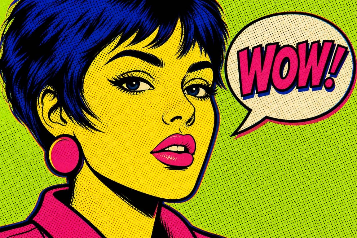 Before and after comparison of pop art portrait with halftone dots, bold outlines, and vibrant unnatural colors