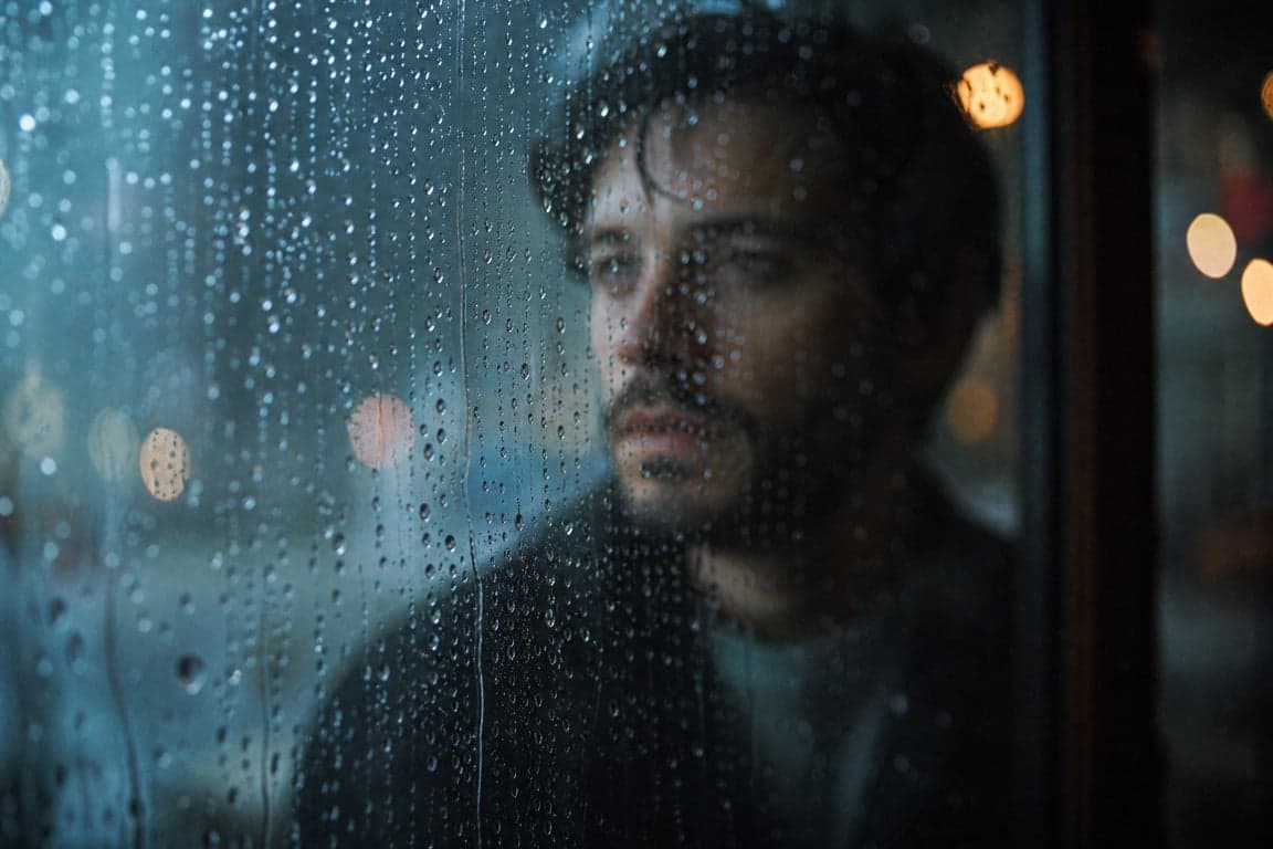 Before and after comparison of cinematic rainy window portrait with bokeh raindrops and moody atmosphere