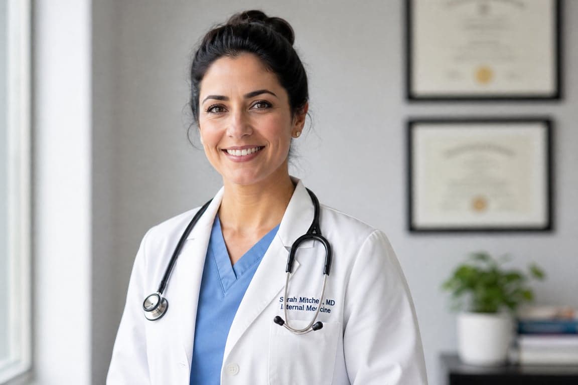 Before and after comparison of AI-generated medical doctor portrait transformation - after