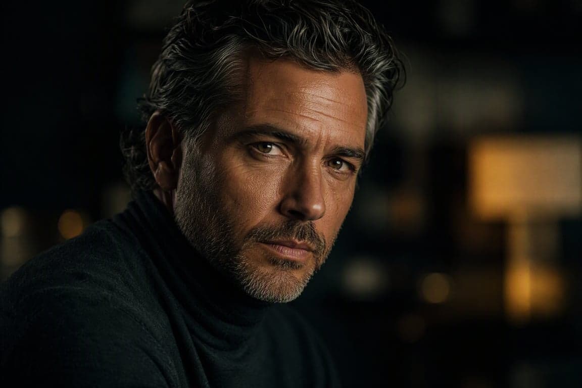 Before and after comparison of ultra-realistic cinematic AI portrait with dramatic Rembrandt lighting