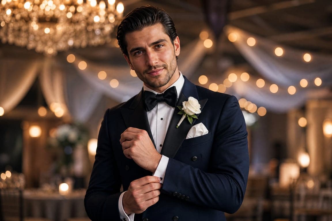 Before and after comparison of AI-generated groom black tie portrait transformation - after