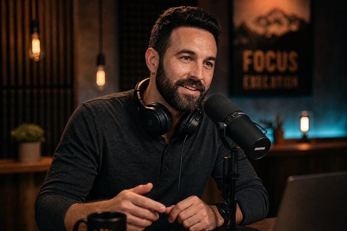 Before and after comparison of AI-generated podcast host studio portrait transformation