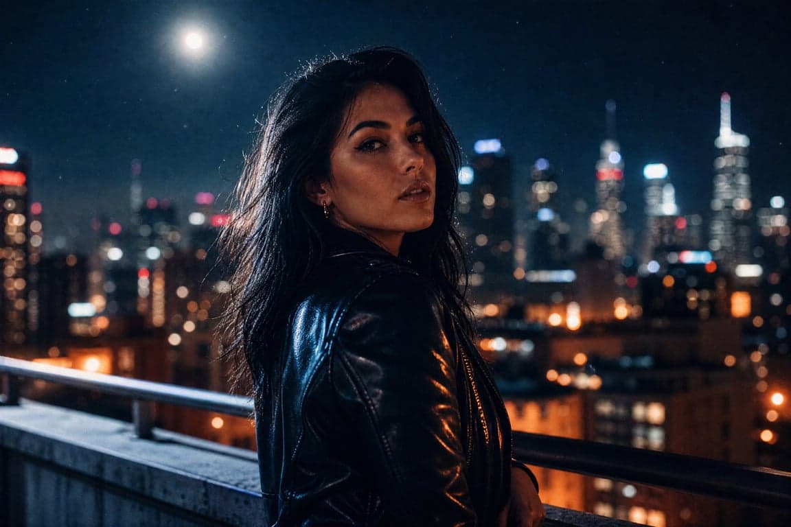 Before and after comparison of AI-generated rooftop night city portrait transformation - after