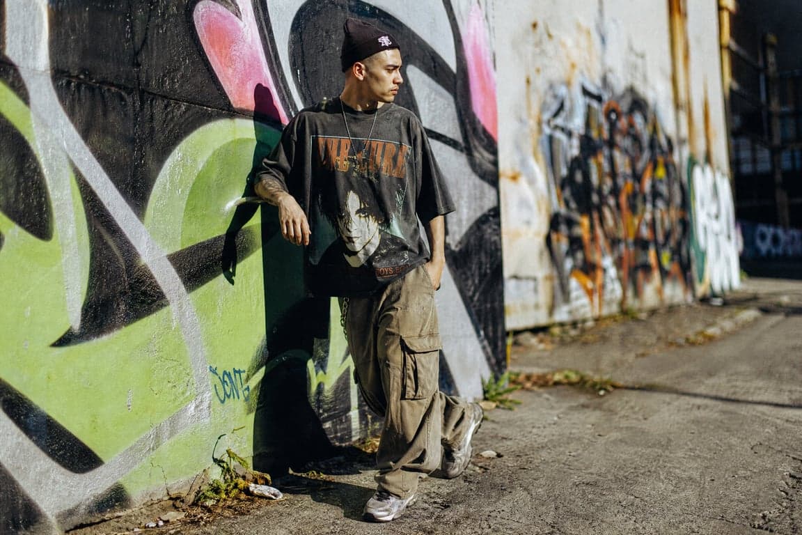 Before and after comparison of AI-generated streetwear editorial portrait transformation - after